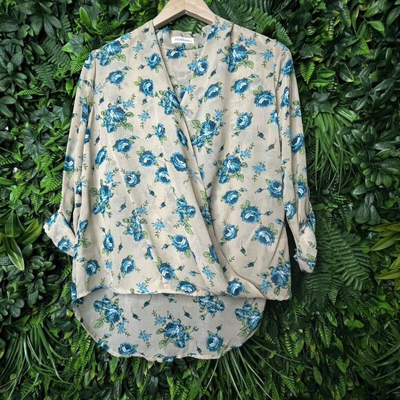 PINKLINE Tops Women Small Beige‎ Blouse Floral Blue Detail Faux Wrap Sheer  0726 - Picture 8 of 9